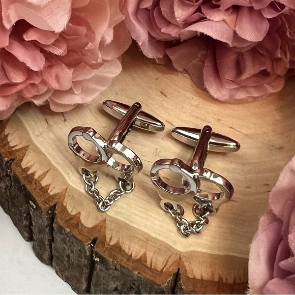 Silver Handcuff Cufflinks with Chain - Picture 6 of 14
